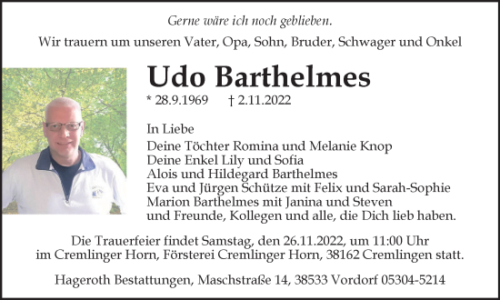 Traueranzeige von Udo Barthelmes von Braunschweiger Zeitung, Salzgitter-Zeitung