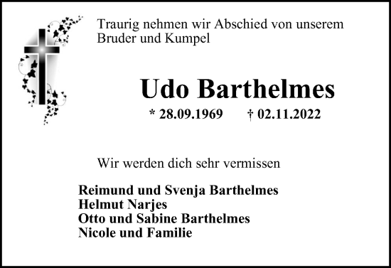 Traueranzeige von Udo Barthelmes von Salzgitter-Zeitung