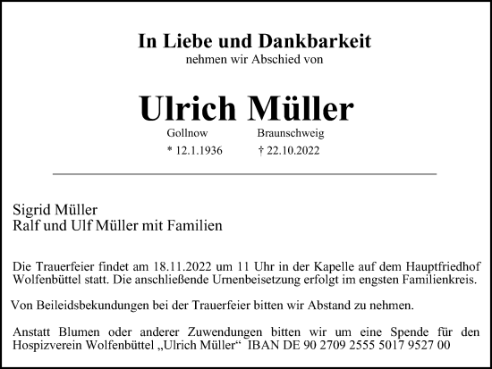 Traueranzeige von Ulrich Müller von Braunschweiger Zeitung