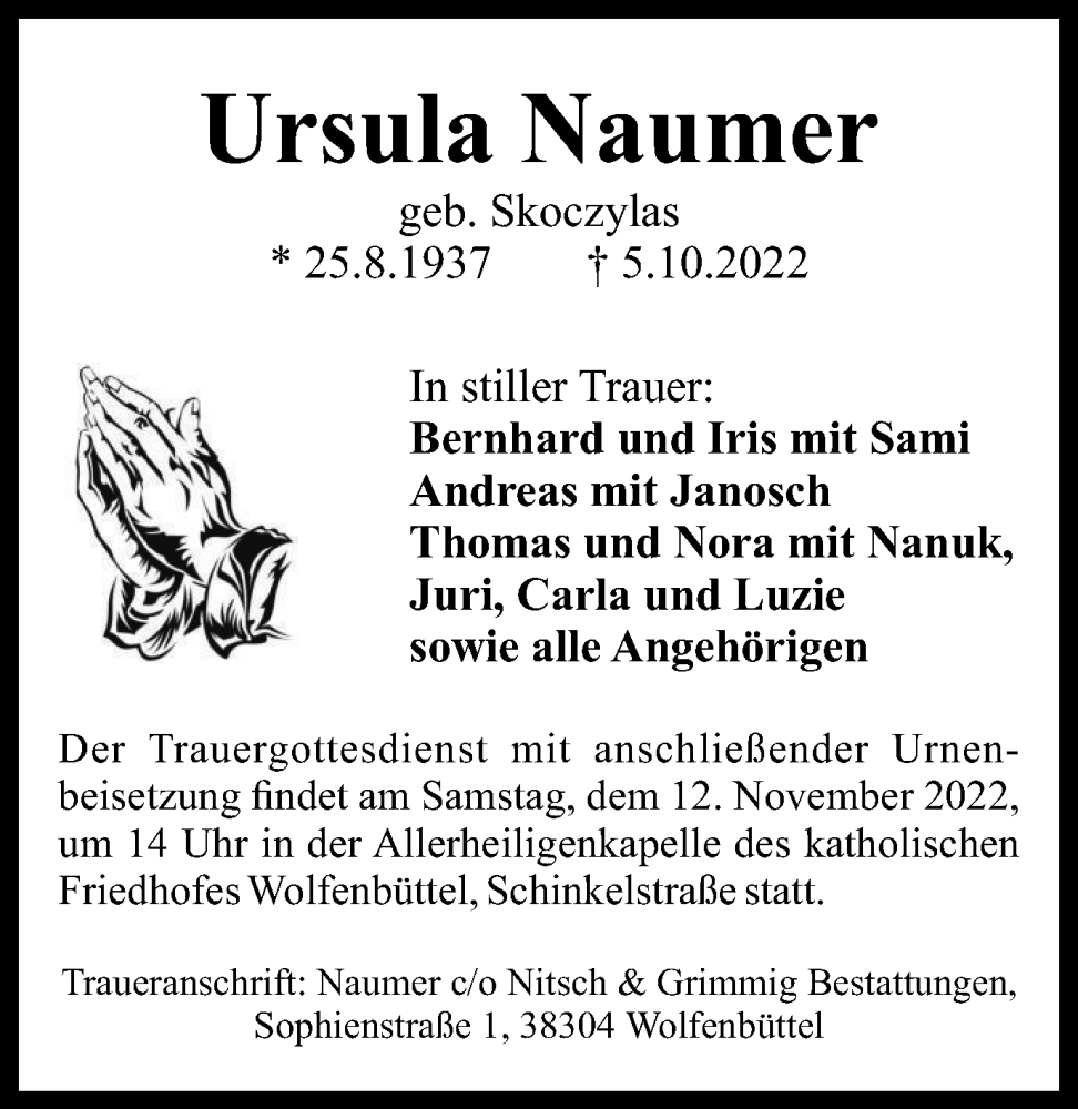  Traueranzeige für Ursula Naumer vom 05.11.2022 aus Wolfenbütteler Zeitung
