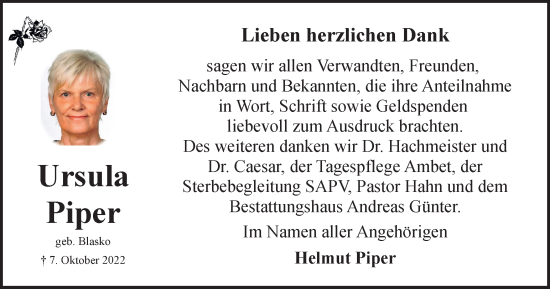 Traueranzeige von Ursula Piper von Braunschweiger Zeitung, Salzgitter-Zeitung, Wolfsburger Nachrichten