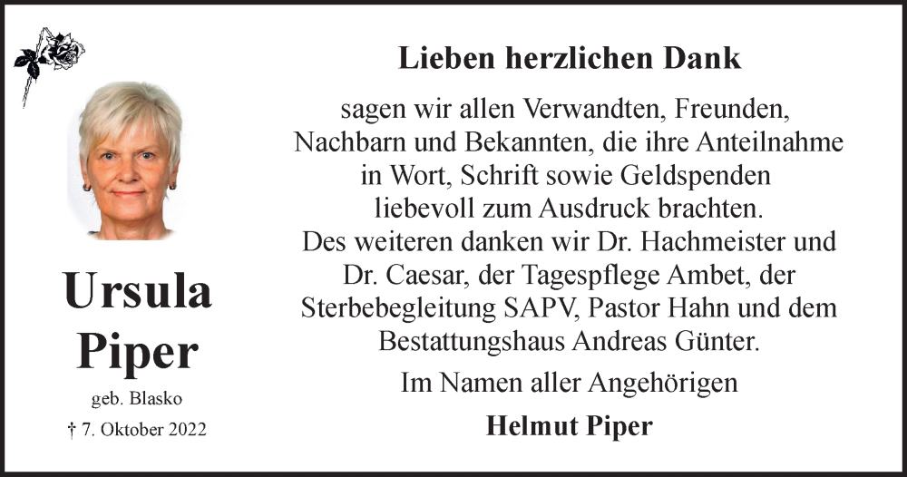 Traueranzeige für Ursula Piper vom 04.11.2022 aus Braunschweiger Zeitung, Salzgitter-Zeitung, Wolfsburger Nachrichten