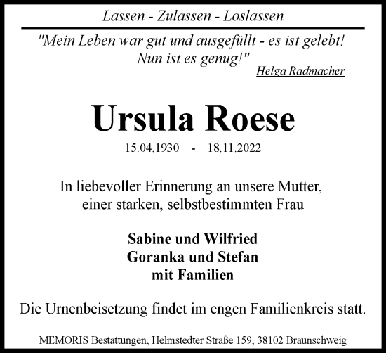 Traueranzeige von Ursula Roese von Braunschweiger Zeitung
