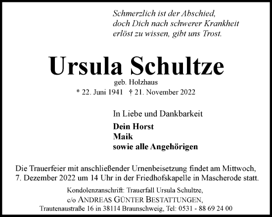 Traueranzeige von Ursula Schultze von Braunschweiger Zeitung