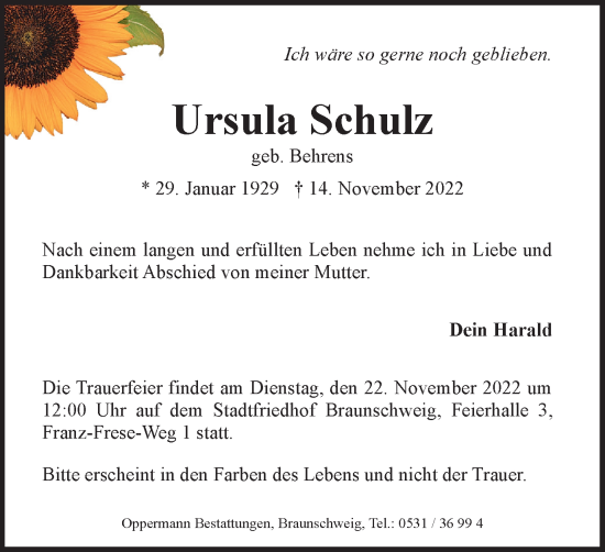 Traueranzeige von Ursula Schulz von Braunschweiger Zeitung