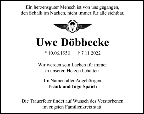 Traueranzeige von Uwe Döbbecke von Salzgitter-Zeitung