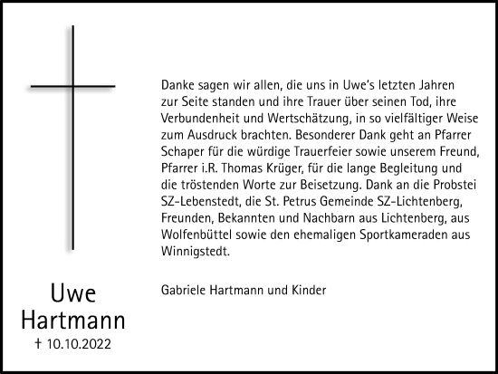 Traueranzeige von Uwe Hartmann von Braunschweiger Zeitung