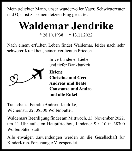 Traueranzeige von Waldemar Jendrike von Helmstedter Nachrichten