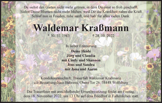 Traueranzeige von Waldemar Kraßmann von Wolfsburger Nachrichten