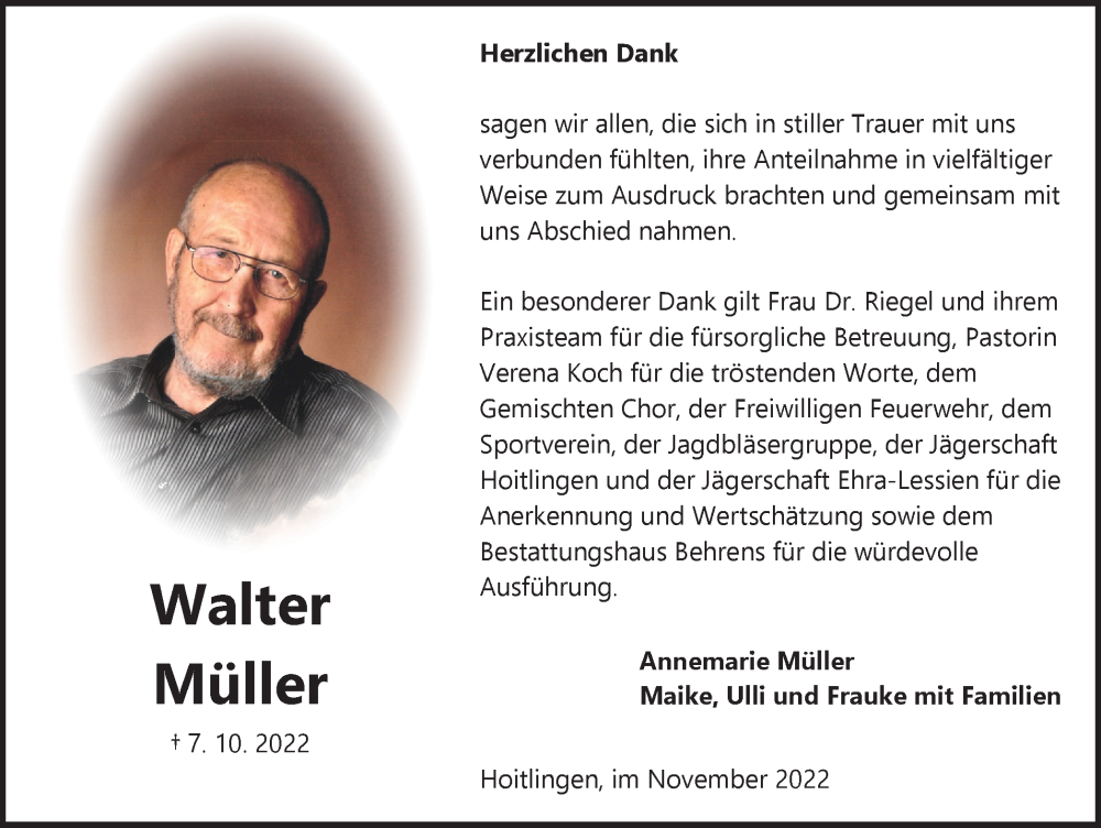  Traueranzeige für Walter Müller vom 19.11.2022 aus Wolfsburger Nachrichten