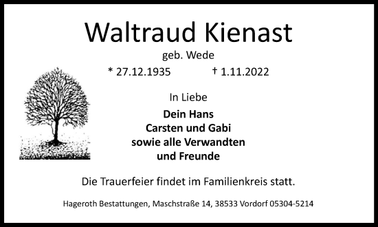 Traueranzeige von Waltraud Kienast von Braunschweiger Zeitung