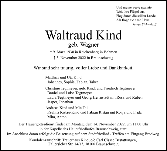 Traueranzeige von Waltraud Kind von Braunschweiger Zeitung