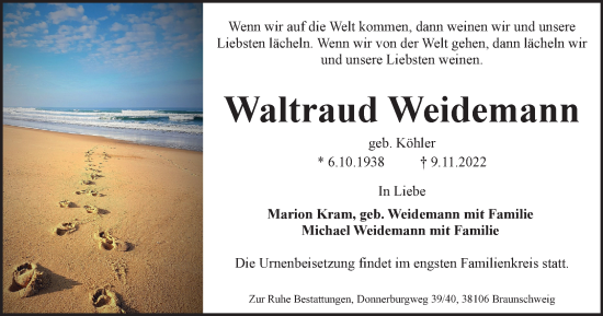 Traueranzeige von Waltraud Weidemann von Braunschweiger Zeitung