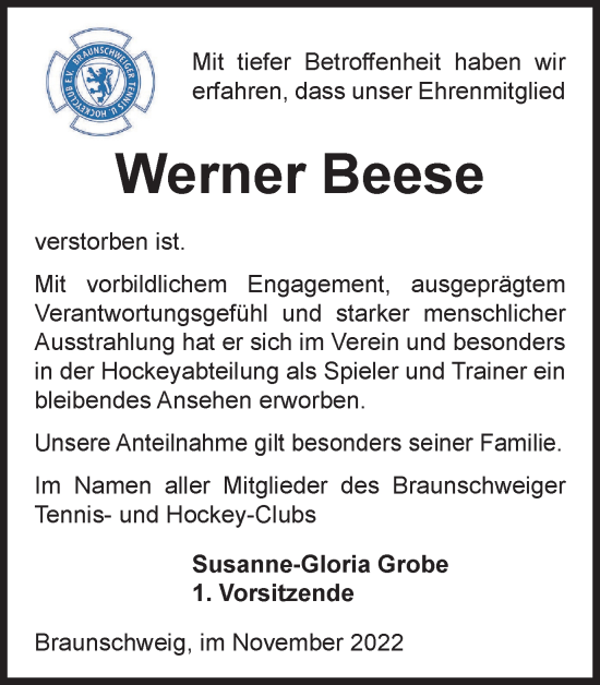 Traueranzeige von Werner Beese von Braunschweiger Zeitung