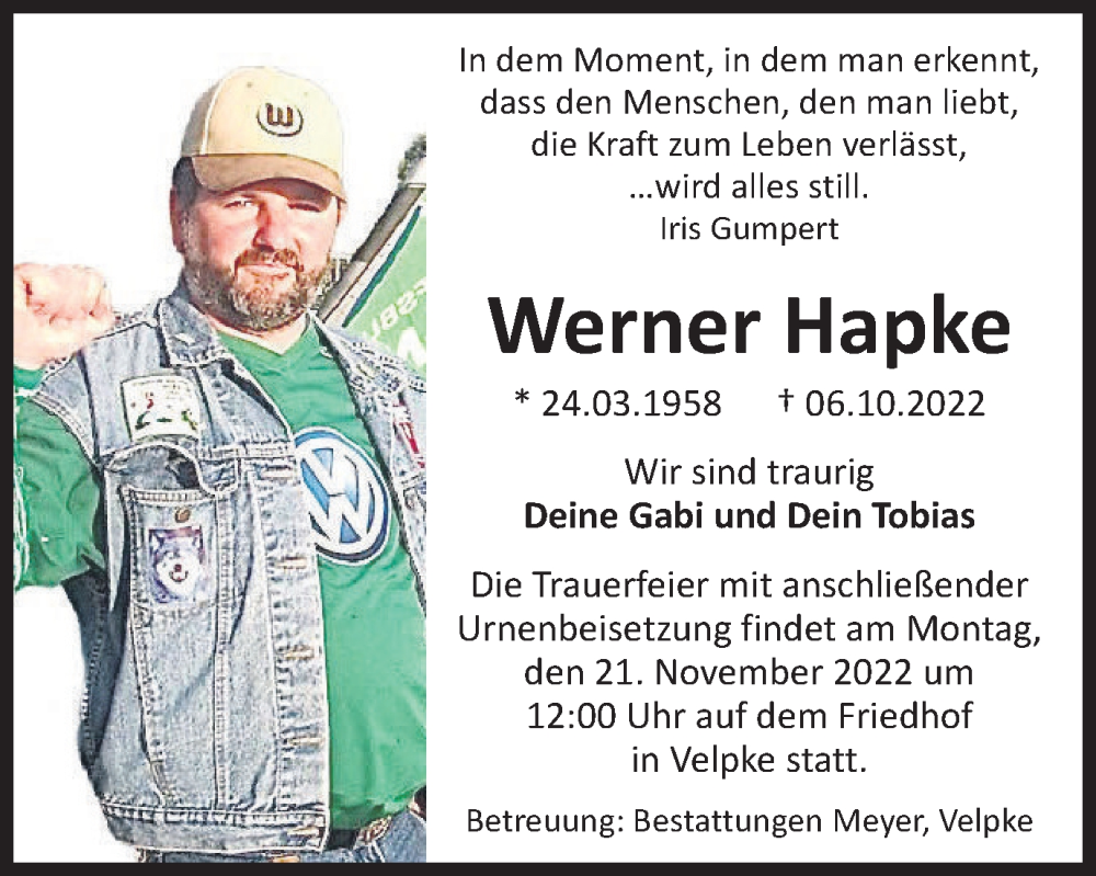  Traueranzeige für Werner Hapke vom 14.11.2022 aus Wolfsburger Nachrichten