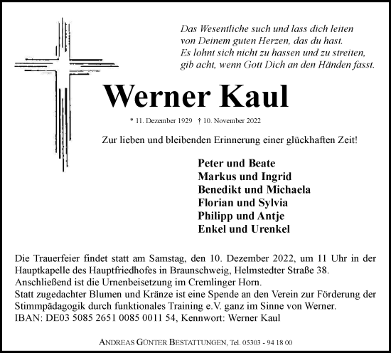 Traueranzeige von Werner Kaul von Braunschweiger Zeitung