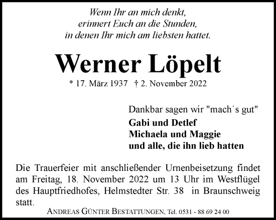 Traueranzeige von Werner Löpelt von Braunschweiger Zeitung