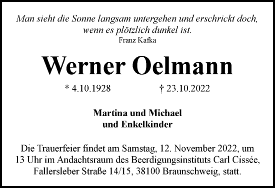 Traueranzeige von Werner Oelmann von Braunschweiger Zeitung