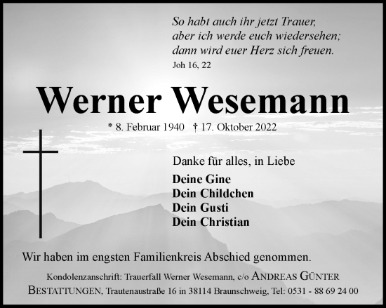 Traueranzeige von Werner Wesemann von Braunschweiger Zeitung