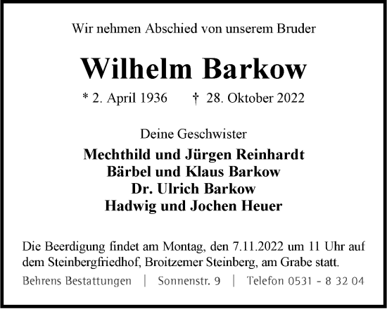 Traueranzeige von Wilhelm Barkow von Braunschweiger Zeitung