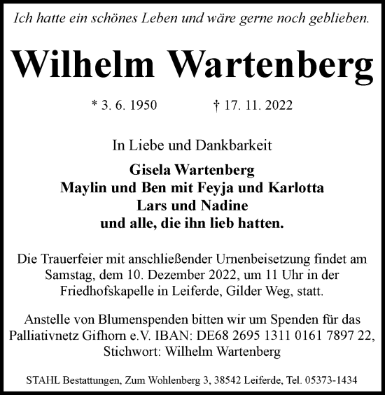 Traueranzeige von Wilhelm Wartenberg von Wolfsburger Nachrichten