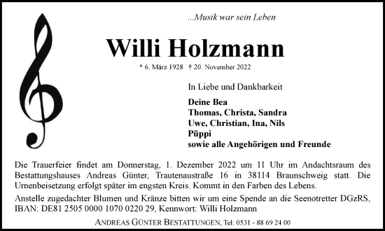 Traueranzeige von Willi Holzmann von Braunschweiger Zeitung