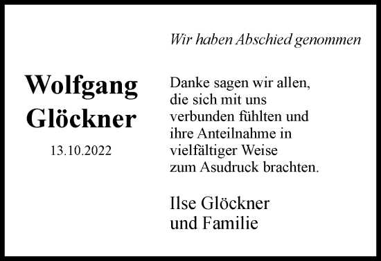 Traueranzeige von Wolfgang Glöckner von Braunschweiger Zeitung