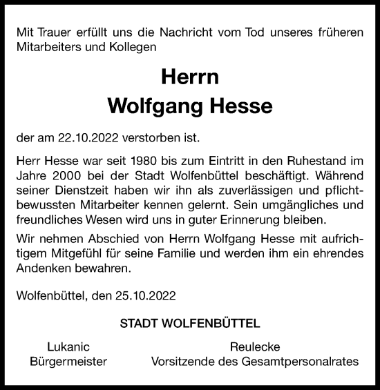 Traueranzeige von Wolfgang Hesse von Wolfenbütteler Zeitung