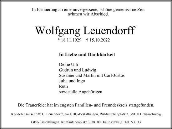 Traueranzeige von Wolfgang Leuendorff von Braunschweiger Zeitung