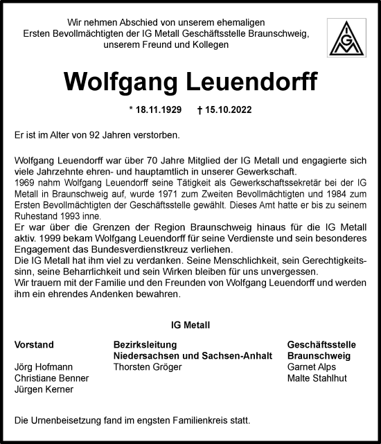 Traueranzeige von Wolfgang Leuendorff von Braunschweiger Zeitung