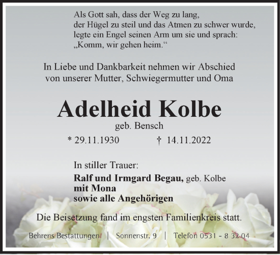 Traueranzeige von Adelheid Kolbe von Braunschweiger Zeitung