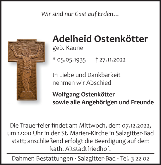 Traueranzeige von Adelheid Ostenkötter von Salzgitter-Zeitung