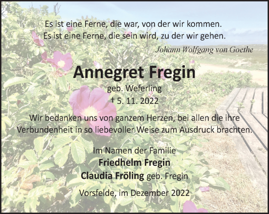 Traueranzeige von Annegret Fregin von Wolfsburger Nachrichten