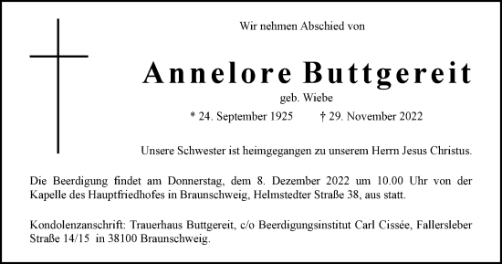 Traueranzeige von Annelore Buttgereit von Braunschweiger Zeitung