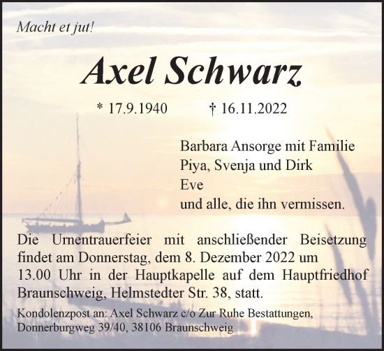 Traueranzeige von Axel Schwarz von Braunschweiger Zeitung