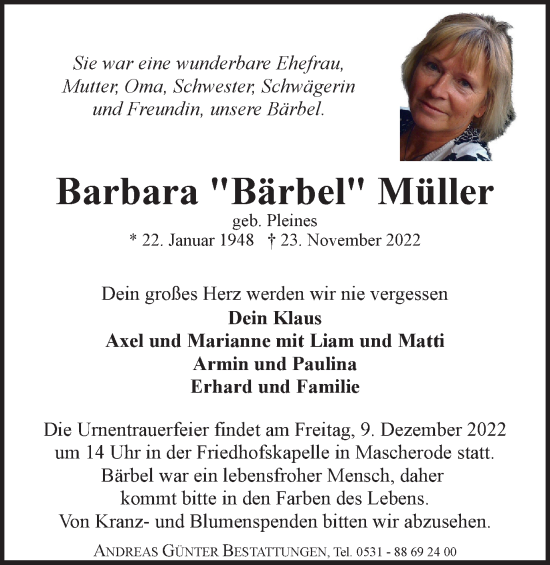 Traueranzeige von Barbara  Müller von Braunschweiger Zeitung