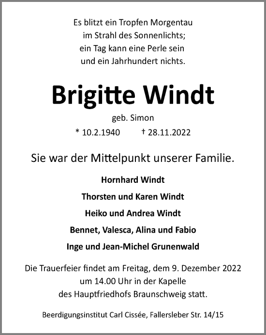 Traueranzeige von Brigitte Windt von Braunschweiger Zeitung