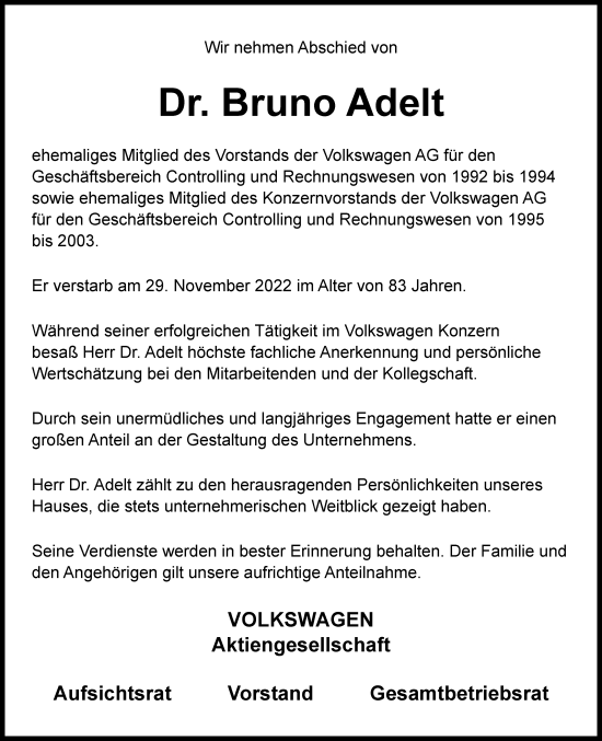 Traueranzeige von Bruno Adelt von Braunschweiger Zeitung