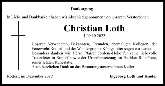 Traueranzeige von Christian Loth von Helmstedter Nachrichten