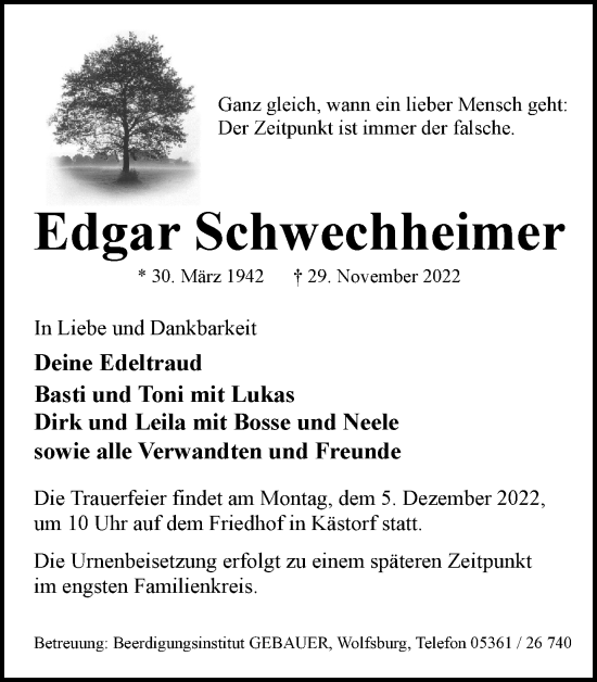 Traueranzeige von Edgar Schwechheimer von Wolfsburger Nachrichten