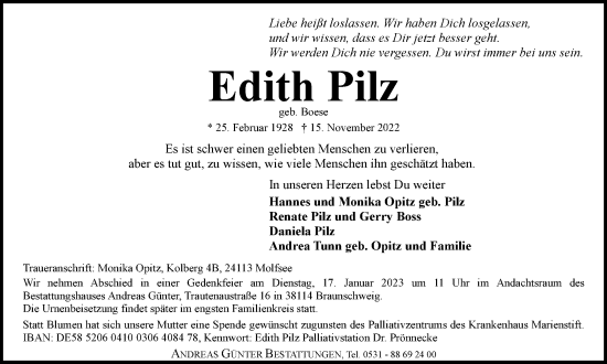 Traueranzeige von Edith Pilz von Salzgitter-Zeitung