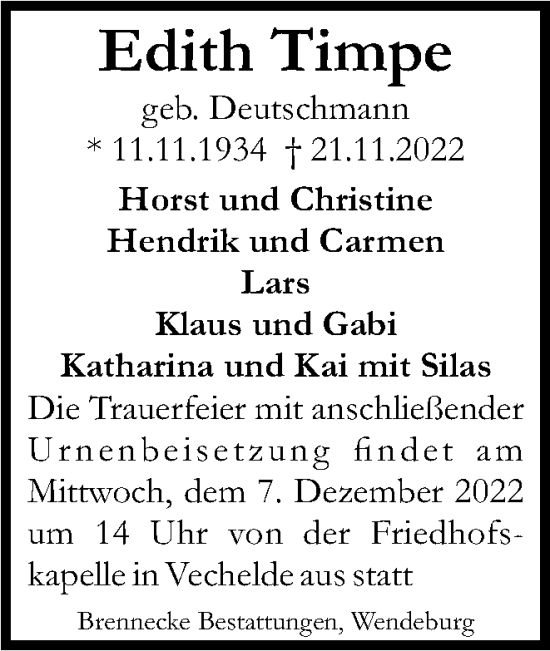 Traueranzeige von Edith Timpe von Braunschweiger Zeitung