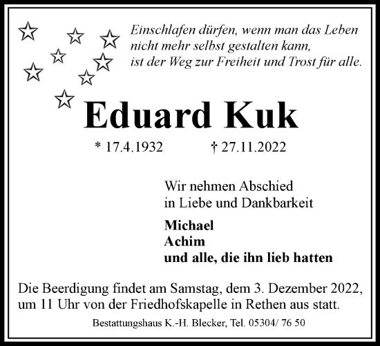 Traueranzeige von Eduard Kuk von Braunschweiger Zeitung