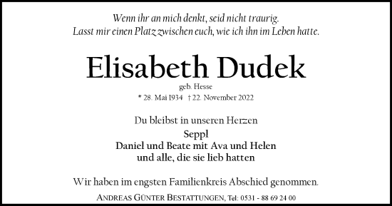 Traueranzeige von Elisabeth Dudek von Braunschweiger Zeitung