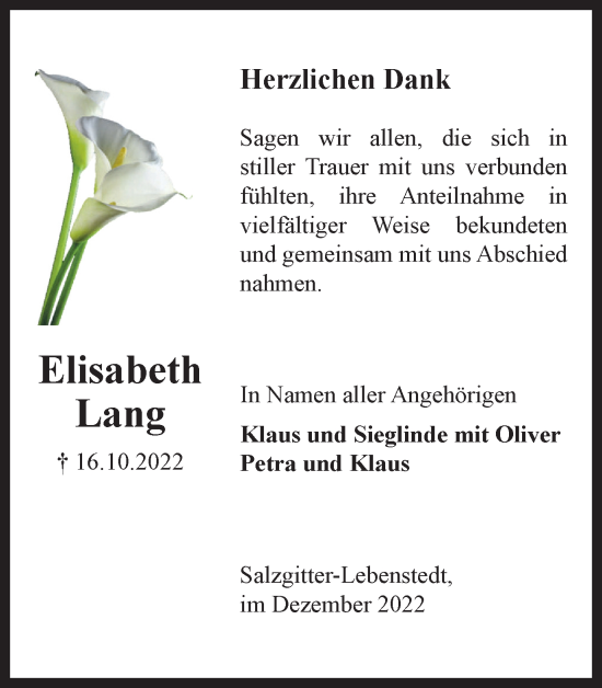 Traueranzeige von Elisabeth Lang von Salzgitter-Zeitung