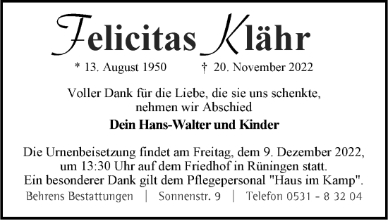Traueranzeige von Felicitas Klähr von Braunschweiger Zeitung