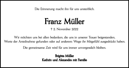 Traueranzeige von Franz Müller von Salzgitter-Zeitung