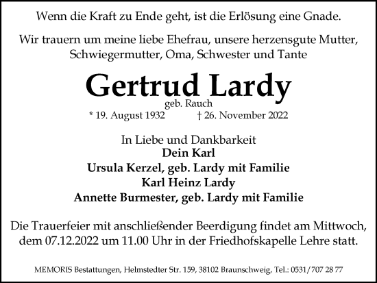 Traueranzeige von Gertrud Lardy von Braunschweiger Zeitung