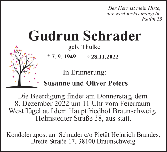 Traueranzeige von Gudrun Schrader von Braunschweiger Zeitung