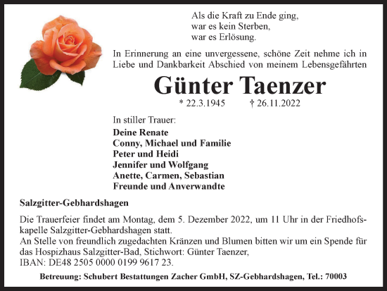 Traueranzeige von Günter Taenzer von Salzgitter-Zeitung